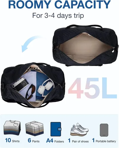 Vista 3 de BAGSMART - Bolsa de viaje grande de 40 litros, bolsa de mano para hombres y mujeres, con compartimento para zapatos, color negro, Negro- 45L