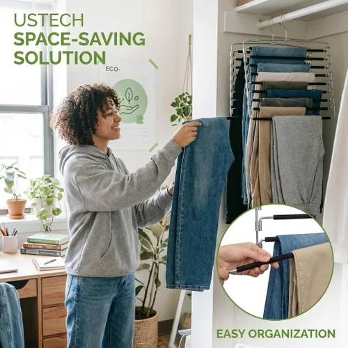 Vista 4 de Percha para pantalones con brazo oscilante de varios niveles Perchas de ropa que ahorran espacio con acolchado de espuma y brazos extraíbles