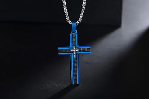 Vista 6 de Collar de cruz para hombre, colgante de acero inoxidable 316L, color blanco, dorado, negro, azul, caja de regalo incluida