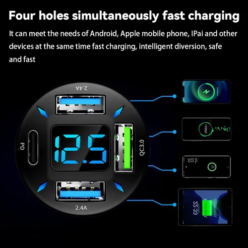 Vista 4 de Cargador de coche USB de 4 puertos, carga súper rápida USB QC 3.0 de 66 W, cargador adaptador USB con voltímetro LED para encendedor de cigarrillos
