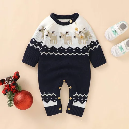 Vista 4 de Mameluco de Navidad de una pieza para bebés, niños y niñas, suéter de reno, ropa de festival de vacaciones