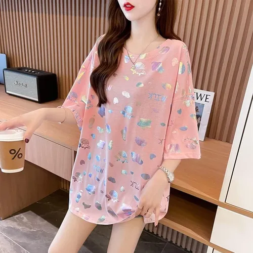 Vista 5 de Camiseta de manga corta con cuello redondo y estampado de vaca para mujer, de gran tamaño, diseño de Fairycore, para verano, estética Alt Streetwear
