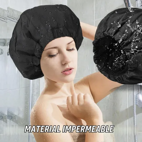 Vista 3 de Gorro de ducha para mujer, gorro de baño negro, reversible, grande, impermeable, ajustable, forro de rizo y banda elástica, dobladillo elástico