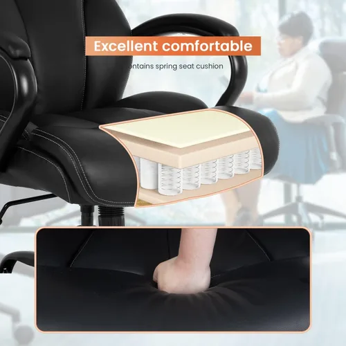 Vista 4 de Silla de oficina grande y alta, asiento ancho de 500 libras, silla de escritorio con brazos de apoyo lumbar, respaldo alto, piel sintética, silla