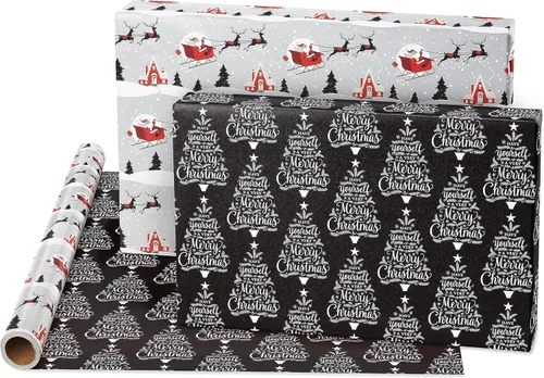 Vista 10 de American Greetings - Papel de regalo navideño, juego de envoltura de regalo de cuadros de búfalo rojo y negro