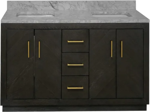 Vista 6 de Kitchen Bath Collection Peyton - Mueble de baño doble de 60 pulgadas (Carrara/roble oscuro): incluye gabinete de roble oscuro con impresionante