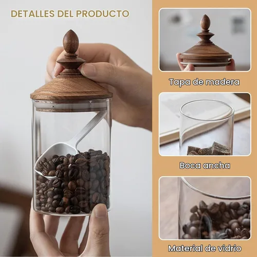 Vista 3 de Tarro de grano de café de vidrio hermético retro tapa de madera recipiente