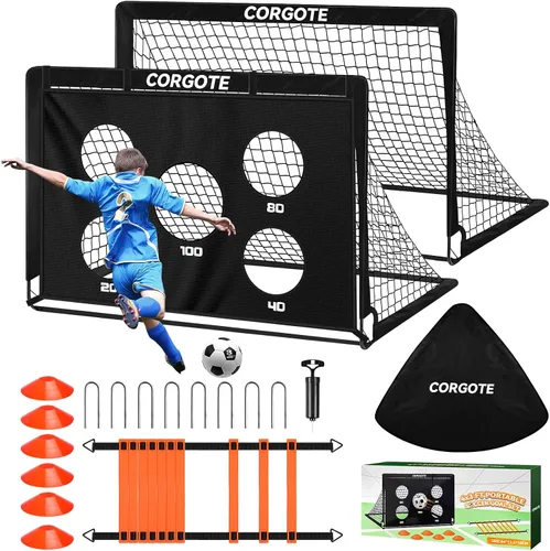 Vista 9 de Portería de fútbol, juego de 2 unidades de red de fútbol de 4 x 3 pies con pelota de fútbol, equipo de entrenamiento portátil para niños