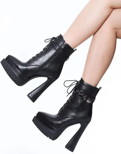 Vista 5 de Mattiventon Botas de plataforma para mujer, tacón grueso, punta puntiaguda, botines con cordones al tobillo