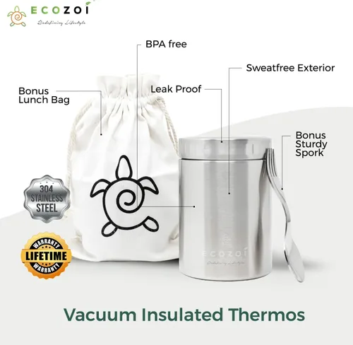 Vista 8 de ecozoi Lonchera aislada de acero inoxidable, tarro de alimentos aislado al vacío, 17 onzas + tenedor + bolsa de almuerzo