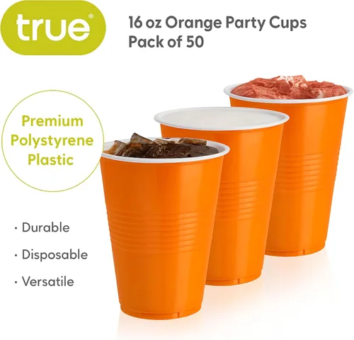Vista 2 de TRUE Vasos desechables para fiesta naranja, vasos para bebidas para cócteles y cerveza, capacidad de 16 onzas, plástico, naranja, juego de 50