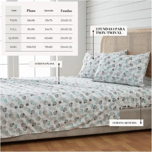 Vista 5 de Great Bay Home - Sábanas de microfibra, estampado costero, sin arrugas, bolsillo profundo, tema de playa, colección Newport (Queen, concha marina)