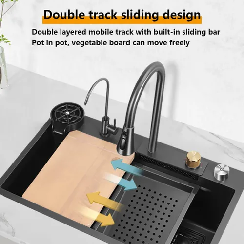 Vista 5 de ARTLINE Fregadero de cocina negro de un solo tazón, fregadero de cascada de acero inoxidable, fregadero de bar con lavaplatos, fregadero de estación