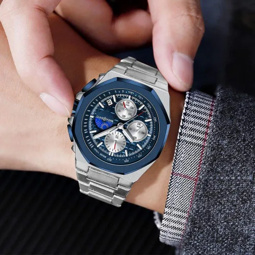 Vista 6 de Reloj de cuarzo para hombre de negocios de acero inoxidable impermeable multifuncional cronometraje