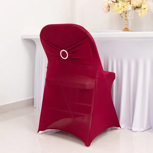 Vista 40 de Efavormart - Funda para silla de banquete de elastano beige con banda de hebilla de diamantes de imitación plateados, funda elástica para silla
