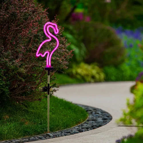 Vista 3 de Juego de 2 luces solares de flamenco rosa para jardín, luces solares para caminos para césped, patio, pasarela, iluminación rosa neón