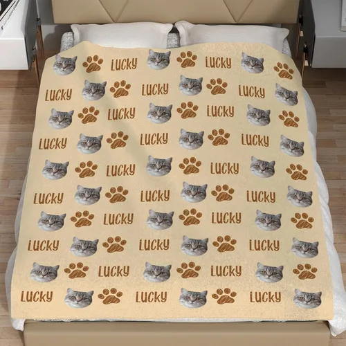 Vista 4 de Manta personalizada con cara de gato y nombre de forro polar suave, divertida manta de fotos de varios tamaños, mantas personalizadas para sofá