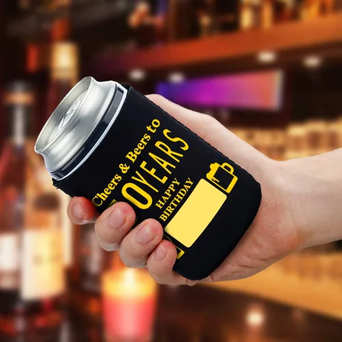 Vista 5 de Yangmics Direct Paquete de 12 fundas para enfriar latas de cumpleaños número 50, suministros para fiesta de cumpleaños de 50 años, color negro