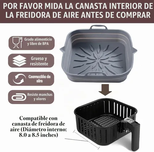 Vista 2 de Forros reutilizables de silicona para freidora de aire (paquete de 2) – Cuadrado de 8.5 pulgadas, antiadherente y fácil de limpiar, cesta resistente