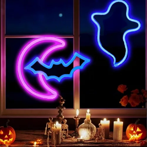 Vista 11 de Letreros de neón de murciélago para dormitorio, mesita de noche, decoración de pared, decoración de Halloween, luces LED de noche, adornos de mesa