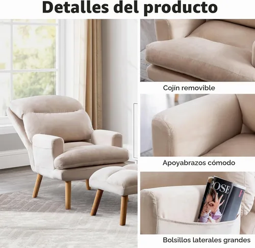 Vista 5 de IOMOR Silla Accent con otomano, silla de lectura cómoda, sillón con respaldo ajustable y bolsillos laterales, sofá de tela suave de ocio para Beige