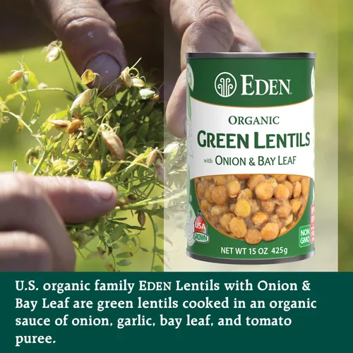 Vista 3 de Eden Lentejas verdes orgánicas con cebolla y hoja de laurel, lata de 15 onzas (paquete de 12), sin OMG, veganas, kosher, cultivadas en Estados
