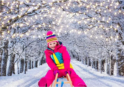 Vista 3 de Telón de Fondo Fotográfico de Escena Invernal de 7x5 Pies País de las Maravillas Copo de Nieve Brillo Nieve Paisaje Árbol Decoración Navidad Fiesta