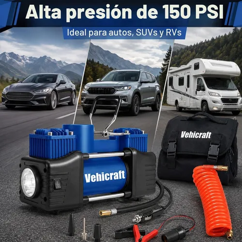 Vista 7 de Inflador de neumáticos de 12 V, bomba de aire de doble cilindro de 150 PSI para automóvil, SUV, RV Azul