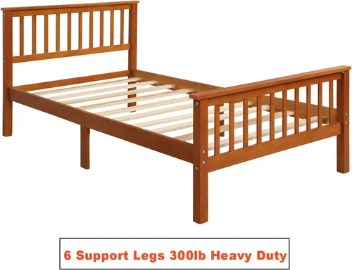 Vista 4 de Base de cama individual de madera de pino, cama de plataforma con cabecero, listones de madera maciza, rieles laterales de estribo, 6 patas