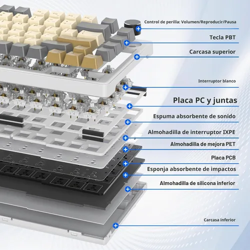 Vista 2 de 75% Teclado para Juegos con Cable, Montaje de Junta de Intercambio en Caliente, Interruptor Blanco, Teclado Mecánico TKL de 82 Teclas, NKRO Cremoso