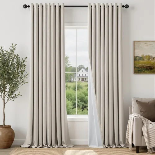Vista 13 de Cortinas de 100 pulgadas extra anchas 100% opacas marfil con ojales, lino Natural