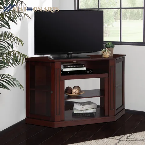 Vista 3 de MAISON ARTS Moderno soporte de TV de esquina con centro de entretenimiento de almacenamiento con 2 puertas, mesa de consola multimedia para sala