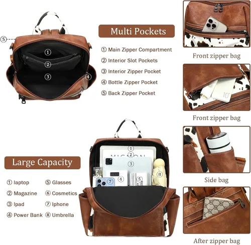 Vista 4 de Mochila de cuero para mujer, bolso de hombro para mujer, bolso de hombro de moda de imitación para trabajo, marrón (Cow Brown), Mediana, Mochila