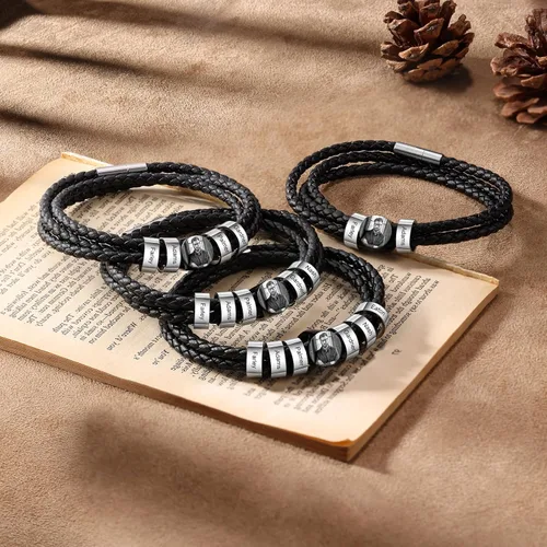 Vista 3 de Pulsera de cuero personalizada para hombre, con foto grabada personalizada, 1-6 nombres, cuentas para hombre, pulseras para padre, placa de nombre