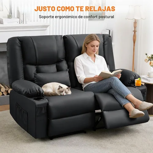 Vista 3 de HRVEOCEI Sofá reclinable de cuero negro con masaje/calor, sofá reclinable