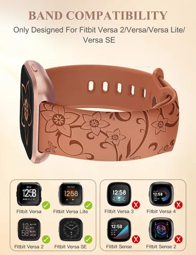 Vista 3 de W-RARA Correa de reloj con grabado floral compatible con Fitbit Versa, correa de repuesto de silicona suave con diseño de mariposas y flores
