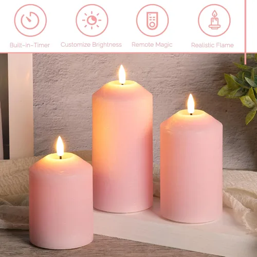 Vista 4 de Juego de 3 velas de pilar sin llama color rosa con control remoto, velas LED de cera real que funcionan