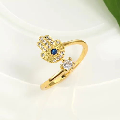 Vista 5 de YILUOCD Hamsa - Anillo de mano contra el mal de ojo para mujer, anillo de mano de Fátima Hamsa de ojo malvado, anillo de circonita cúbica azul