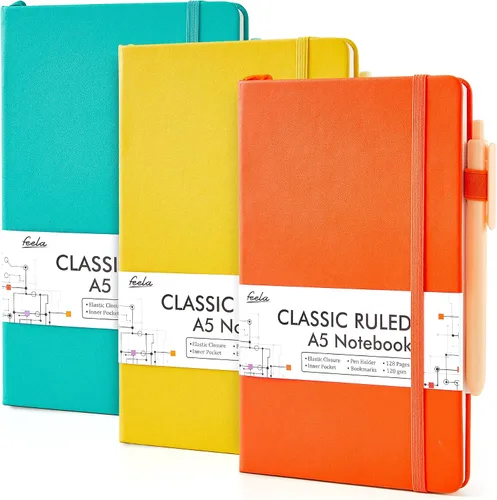 Vista 9 de feela Paquete de 3 Cuadernos Diarios a Granel, Cuaderno de Tapa Dura Clásico con Rayas Rayado Diarios con Soporte para Bolígrafo para Mujeres Niñas