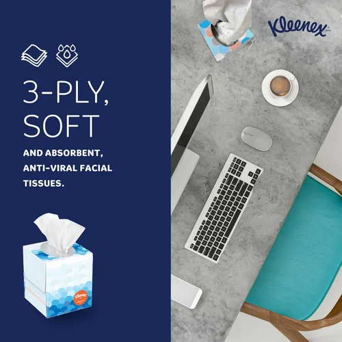 Vista 5 de Kleenex Pañuelo facial antiviral profesional, a granel (21286), 3 capas, blanco, formato vertical en caja, diseñado para negocios