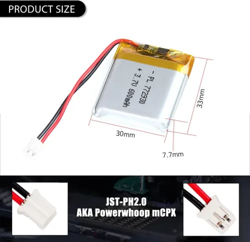 Vista 3 de 3.7V 600mAh 772930 Lipo batería recargable de iones de polímero de litio con conector PH2.0.000 in JST