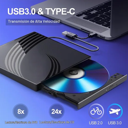 Vista 2 de BPAKDU - Unidad externa de CD/DVD para laptop, grabadora de CD ultra delgada, concentrador USB 3.0 con 4 puertos USB, 2 ranuras para tarjetas TF/SD