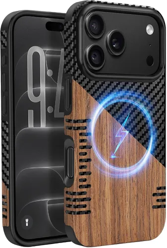 Vista 17 de Funda magnética compatible con iPhone 11 [Compatible con MagSafe] Diseño híbrido de madera y cuero con fibra de carbono, funda protectora a prueba