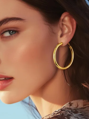 Vista 3 de Aretes de aro gruesos de acero inoxidable para mujer, minimalistas y elegantes, chapados en negrooro, aretes redondos hipoalergénicos, tamaño 1.181