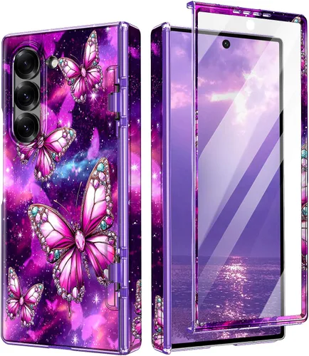 Vista 21 de Btscase Funda para Samsung Galaxy Z Fold 5, protector de pantalla frontal integrado, patrón de mármol dorado con purpurina de policarbonato duro