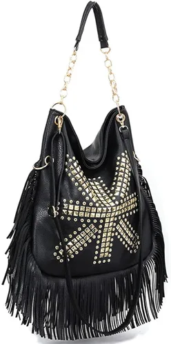 Vista 2 de Teanea Bolso tipo hobo de cuero sintético con flecos, bolso cruzado grande con tachuelas para mujer