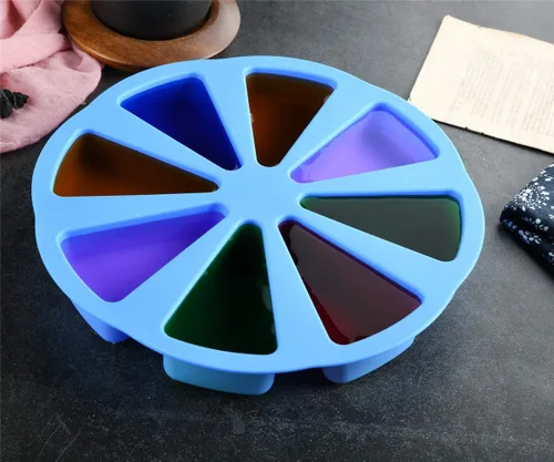 Vista 3 de Molde para pastel de 8 cavidades triangulares de silicona, para rebanadas de pan de maíz, molde para repostería, rebanadas de pizza (azul)