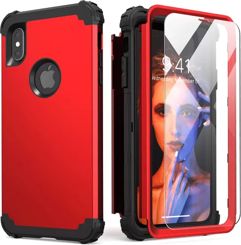 Vista 10 de IDweel Funda para iPhone Xs Max con protector de pantalla de vidrio templado, absorción de golpes 3 en 1, protección resistente, cubierta de Negro