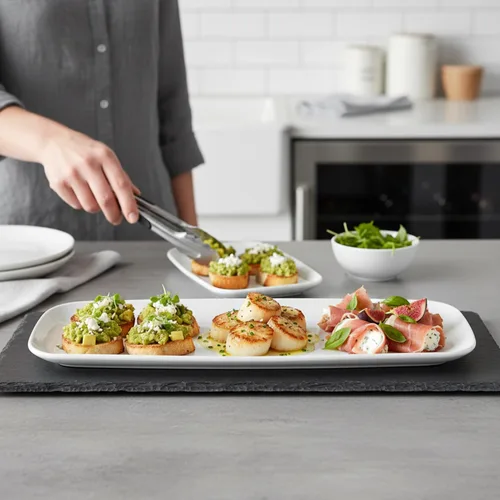 Vista 4 de Bandeja rectangular blanca para servir (paquete de 2) – Bandeja desechable de 17.5 pulgadas para aperitivos, frutas y platos para servir, bandeja