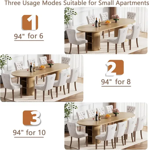 Vista 2 de Mesa de comedor redonda extensible de 94 pulgadas con base de almacenamiento, mesa de comedor expandible natural para 10, mesa de comedor de madera